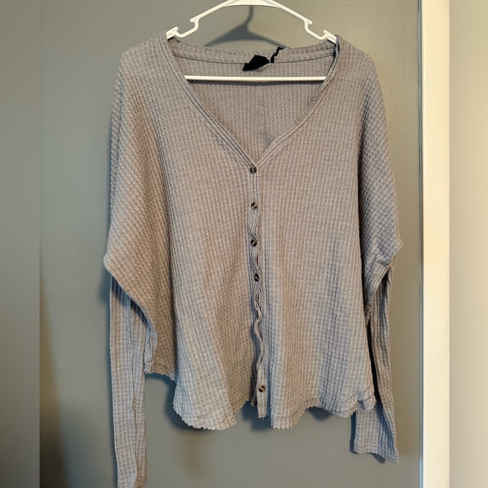 Gray Button-Up Waffle Knit Cardigan